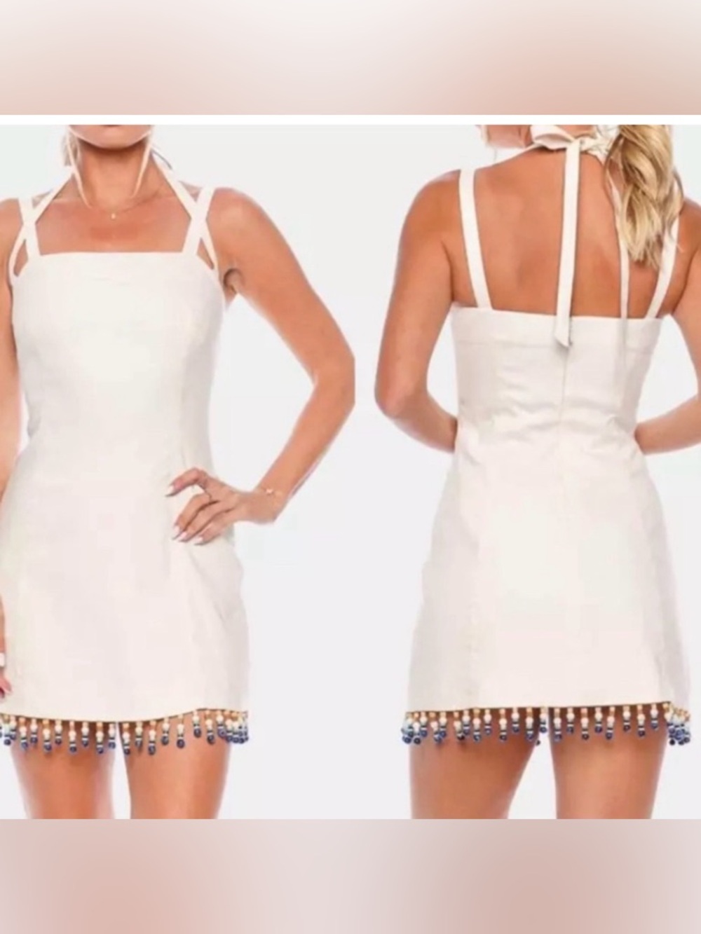House of Harlow 1960 Linen Beaded Fringe Hem Shift Mini Dress in Off White NWOT